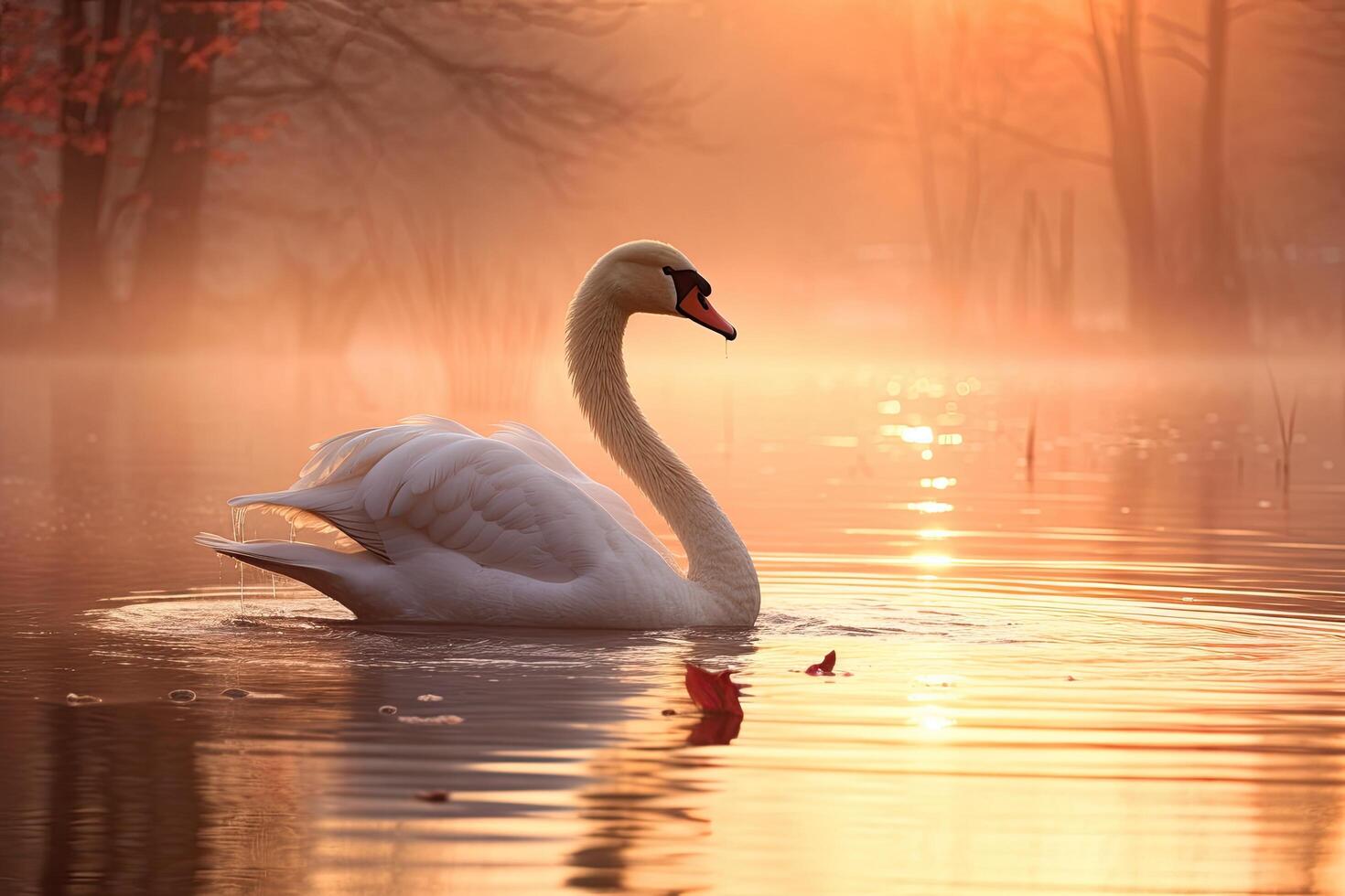 Serene swan swimming in golden sunset photo