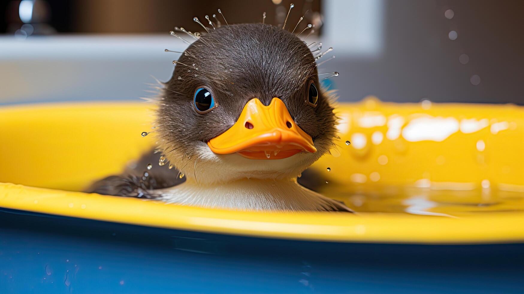 Cute duckling in yellow rubber ducky photo