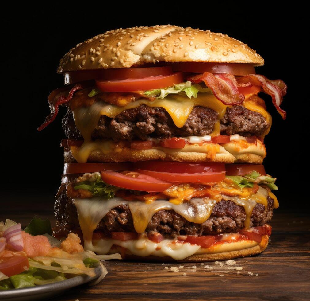 Delicious double cheeseburger with bacon and fresh vegetables photo