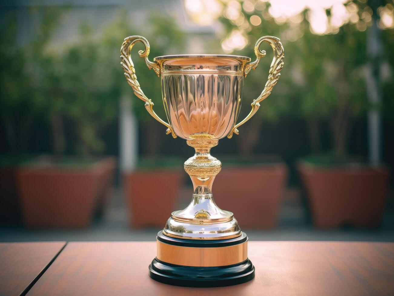 golden trophy award on wooden table photo