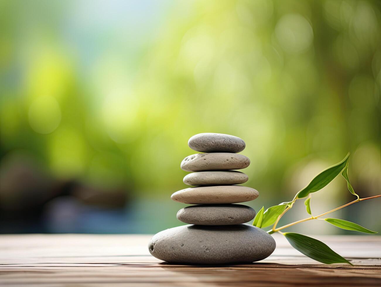 Balanced zen garden stones with green leaves photo
