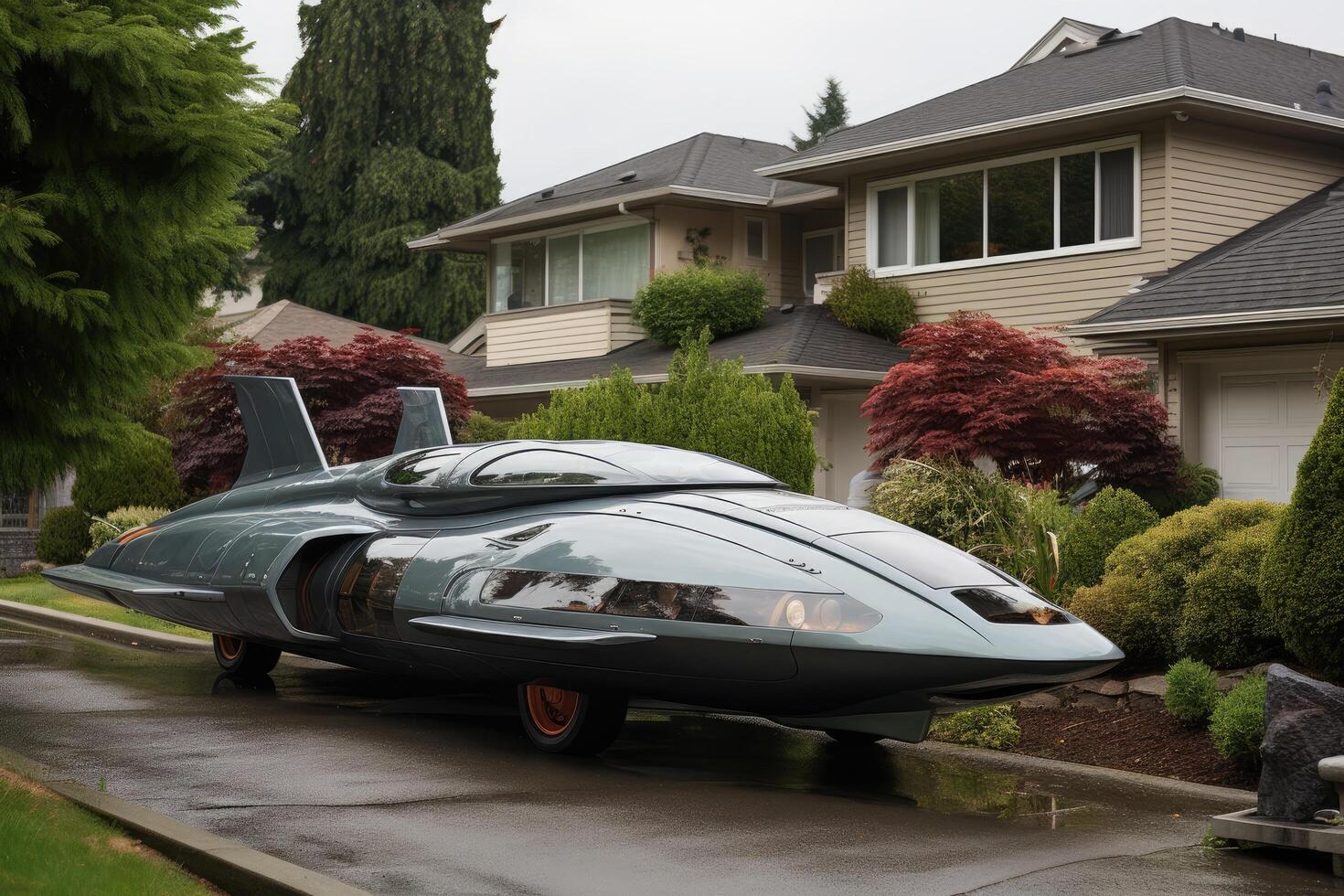 futuristic hover car parked in front of suburban home photo