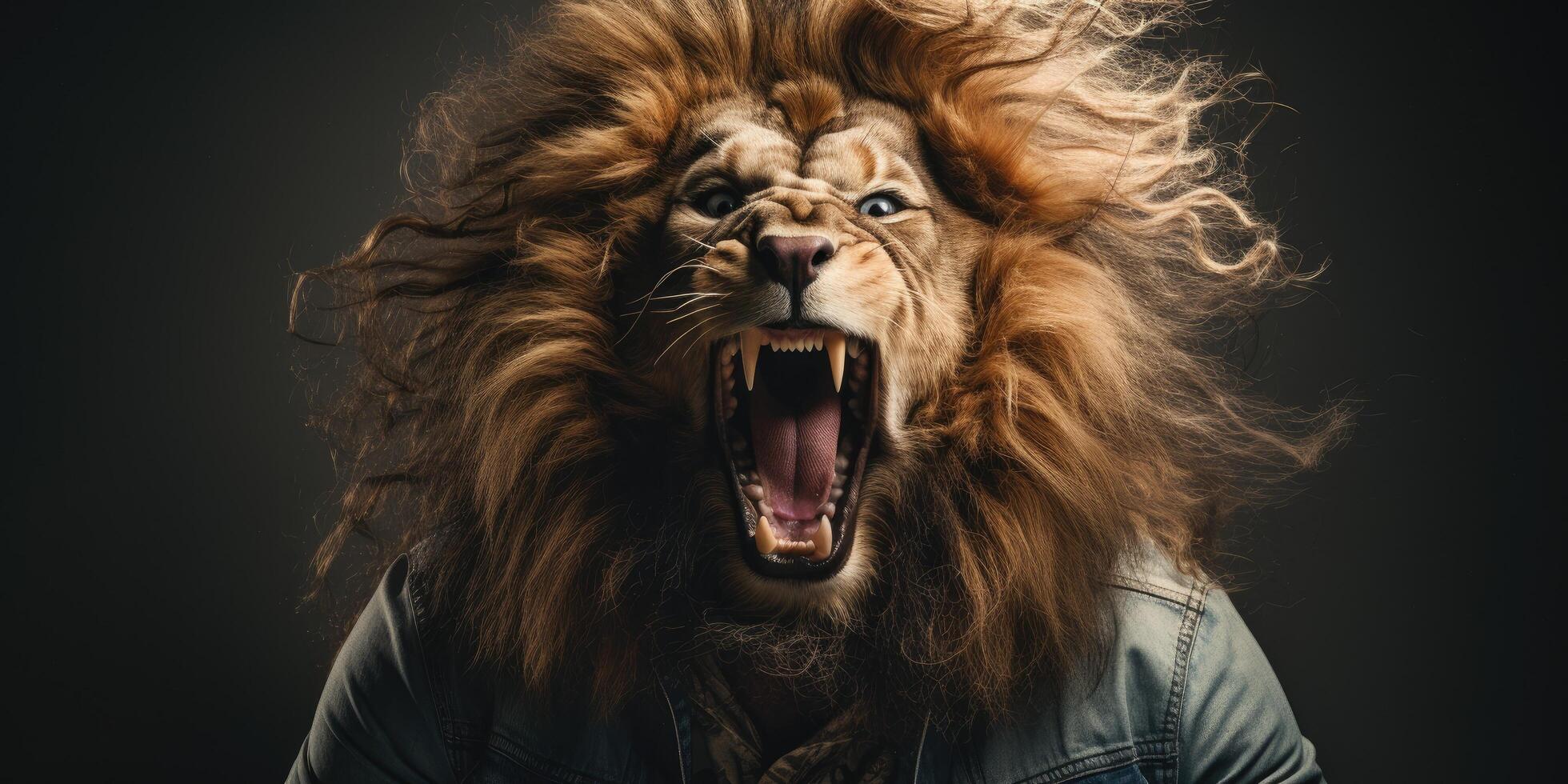 Fierce lion roaring with mane blowing in wind photo