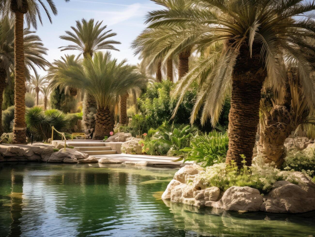 Lush tropical oasis with palm trees and tranquil pool photo