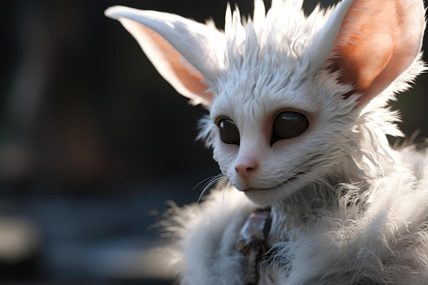 Closeup of a fluffy white cat with large eyes photo