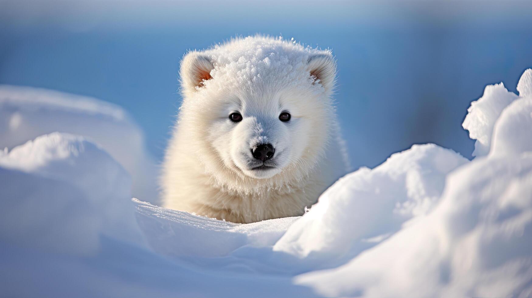 Adorable white polar bear cub in snowy landscape photo