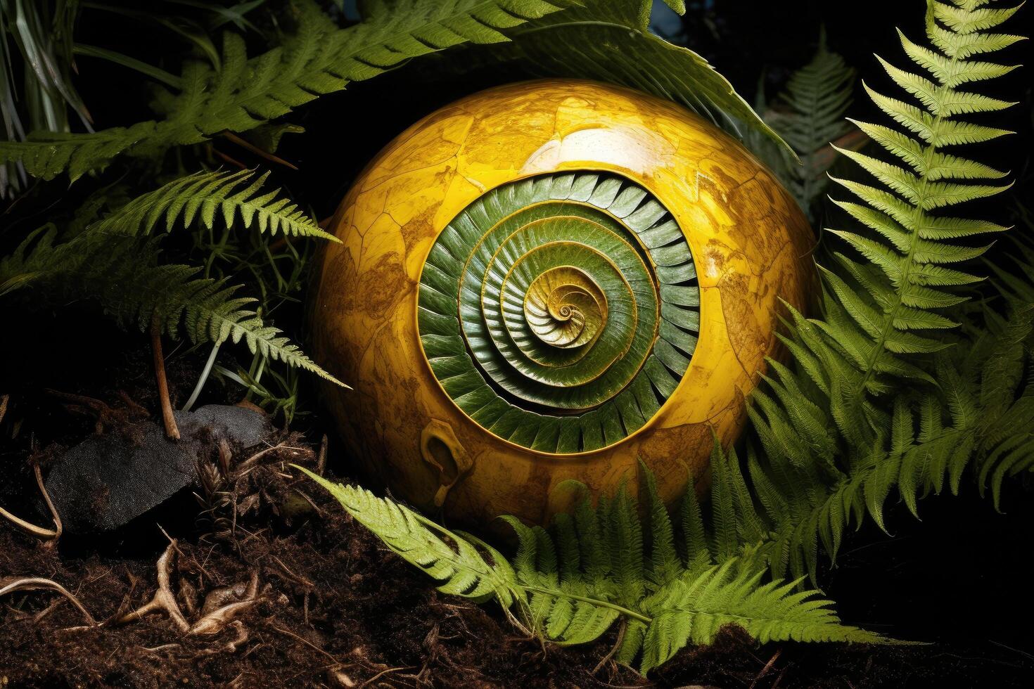 Spiral shell in lush forest photo