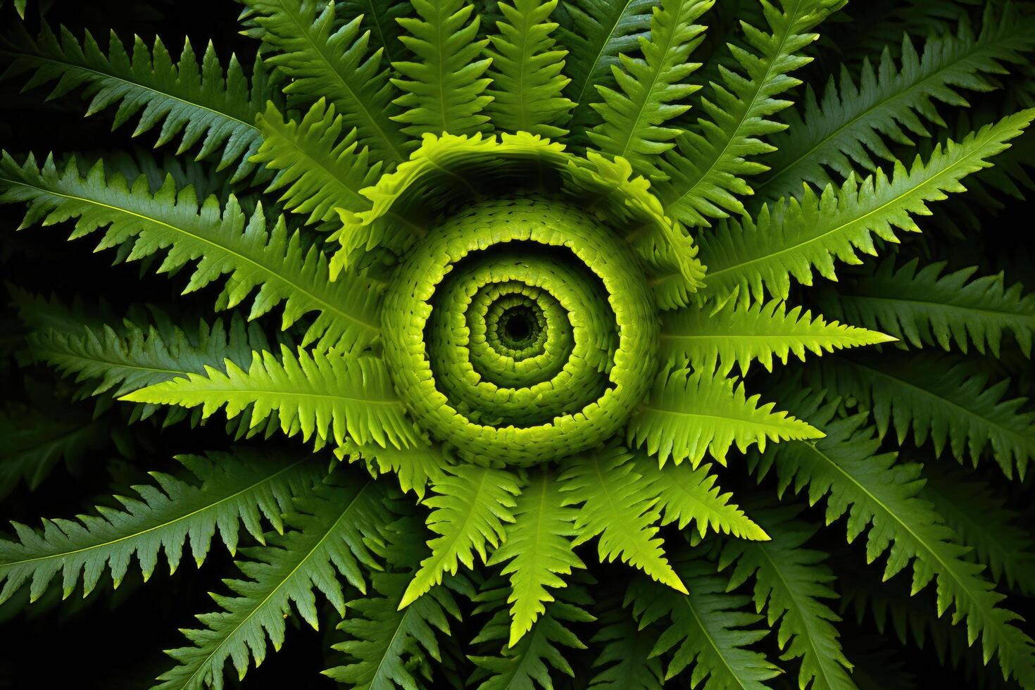 Vibrant green fern leaves in spiral pattern photo