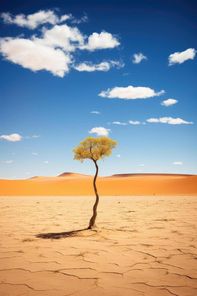 Lone tree in desert landscape photo