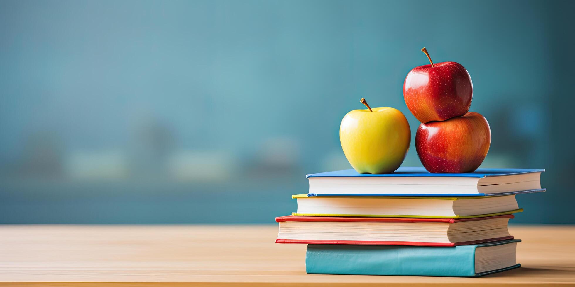 Apples and books on a wooden table photo