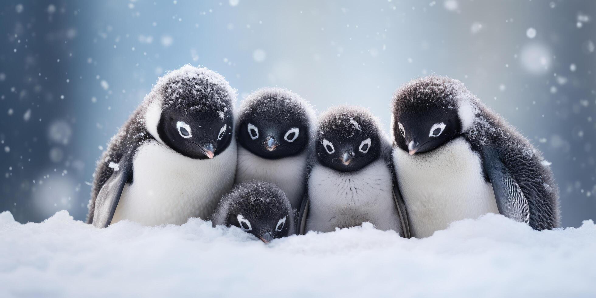 Adorable penguin chicks huddled together in the snow photo