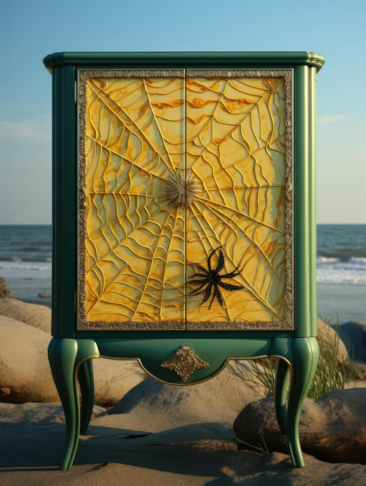 Ornate cabinet with spider web design on the beach photo