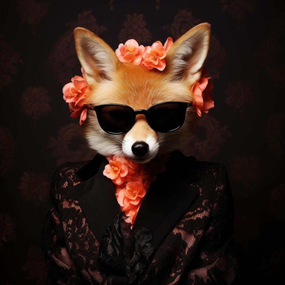 Fashionable fox in floral crown and sunglasses photo