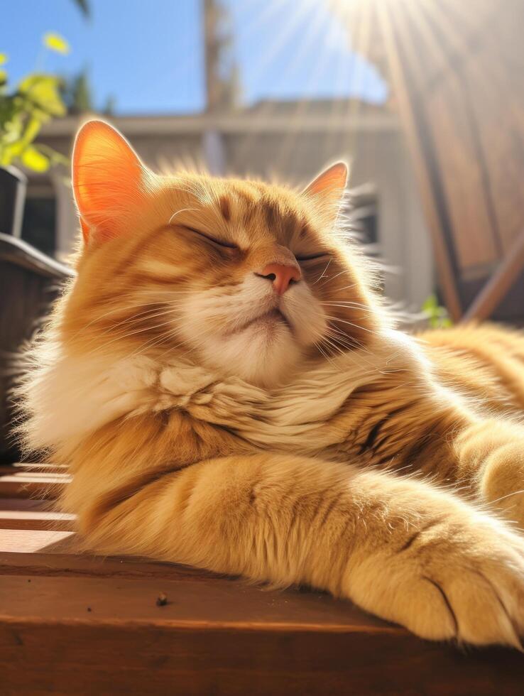 Relaxed orange tabby cat enjoying the sun photo