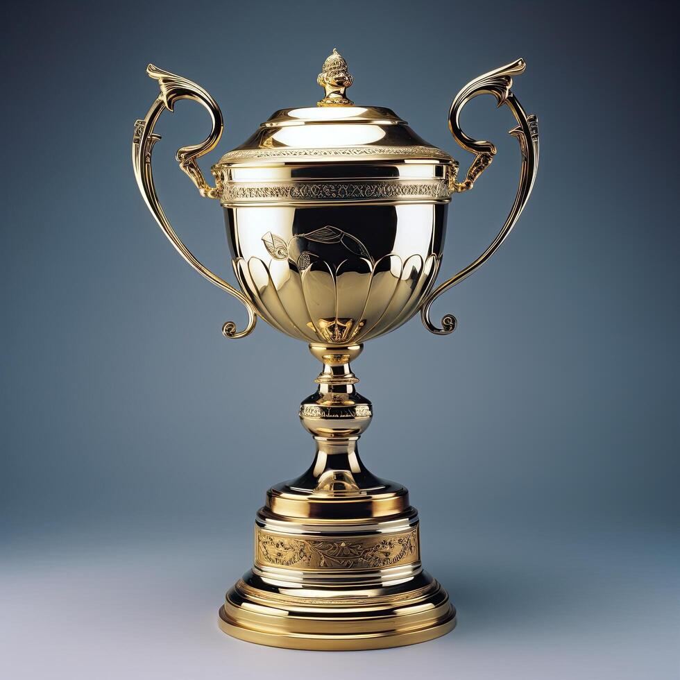 Ornate golden trophy cup on dark background photo