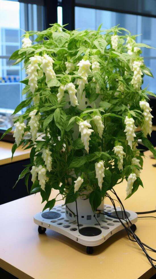 Blooming white flowers in office environment photo