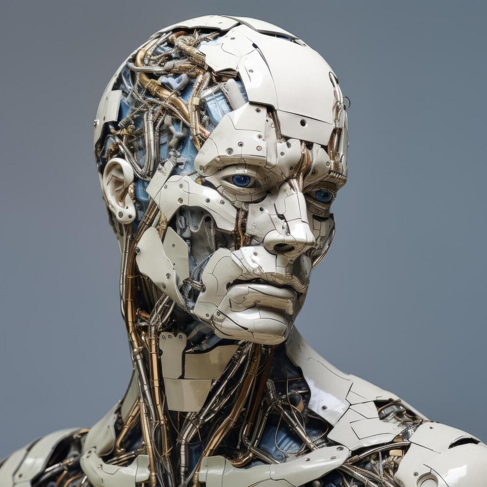 Futuristic robot head with intricate mechanical details photo