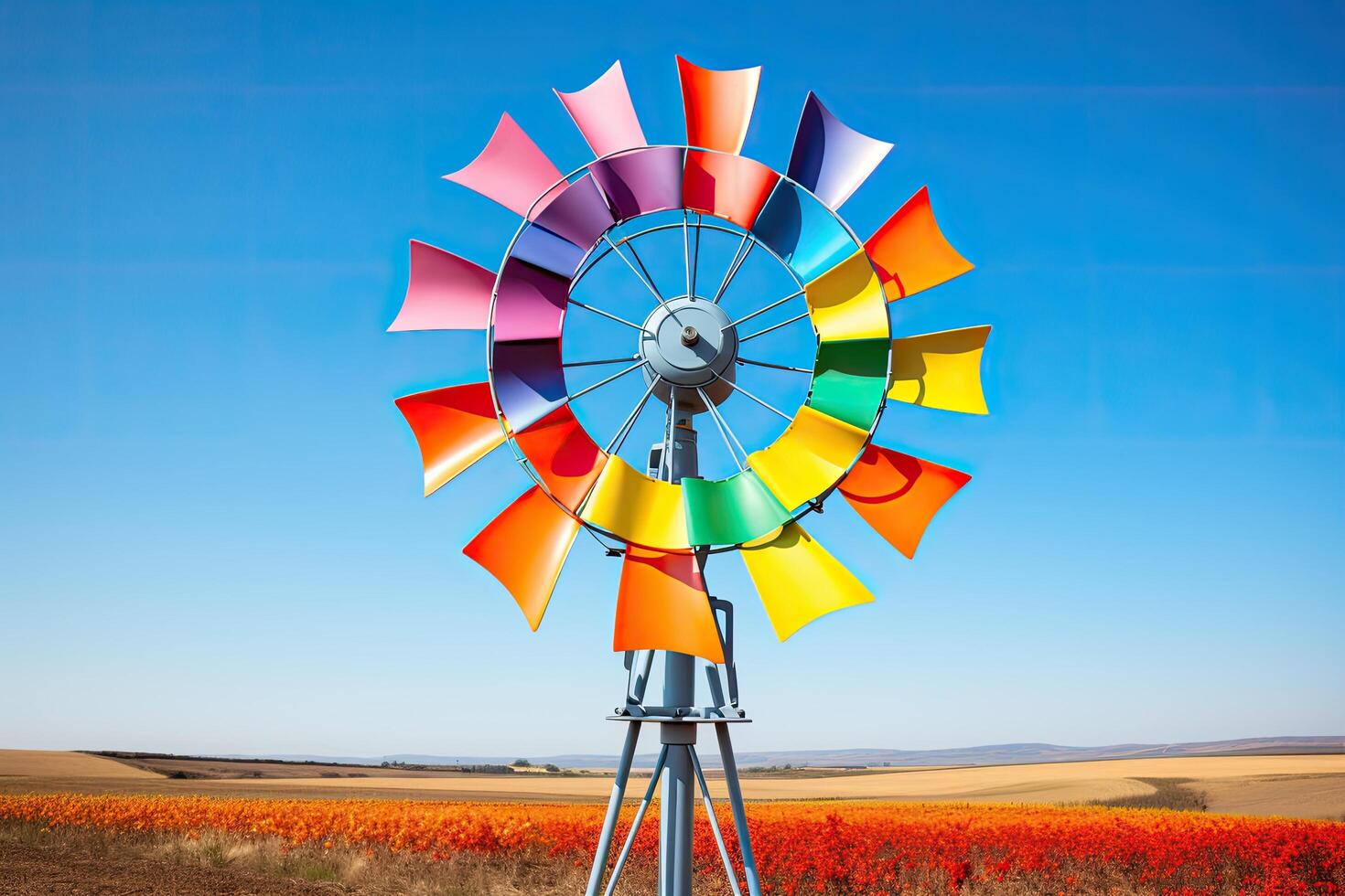 Colorful windmill on a field with blue sky photo