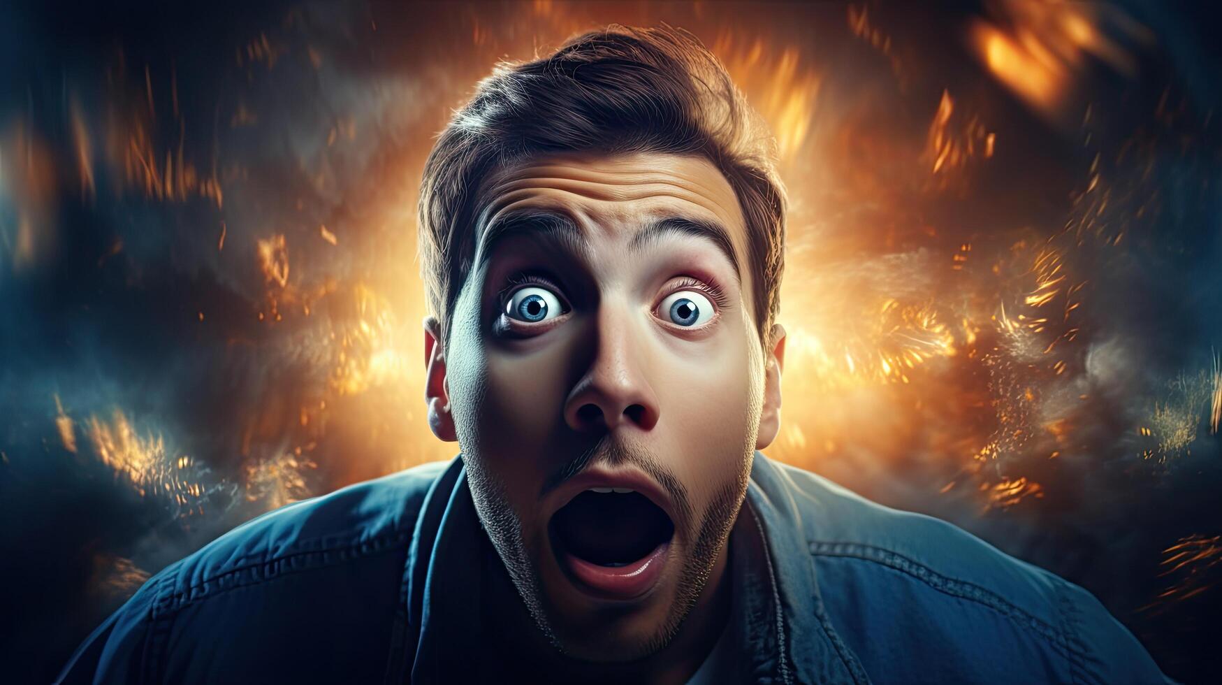 Surprised man with wide eyes and open mouth photo