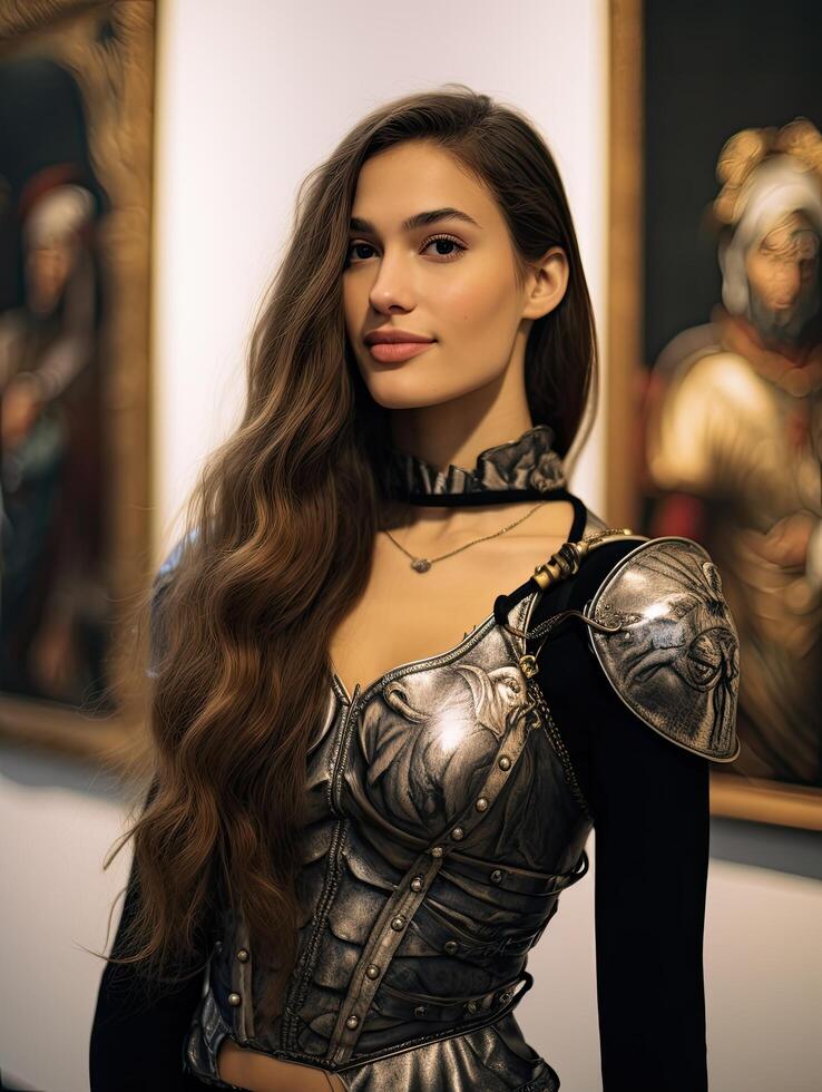 Confident woman in edgy fashion posing in art gallery photo