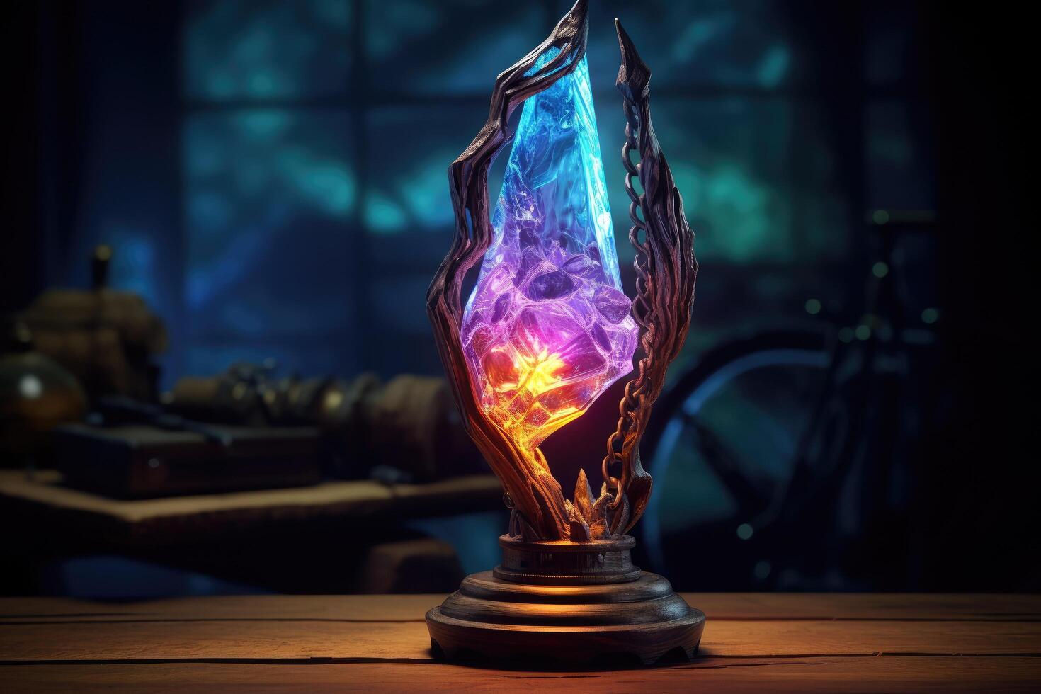 Glowing crystal lamp in dark fantasy setting photo
