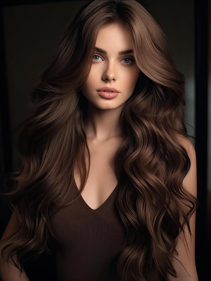 Elegant woman with long wavy hair photo