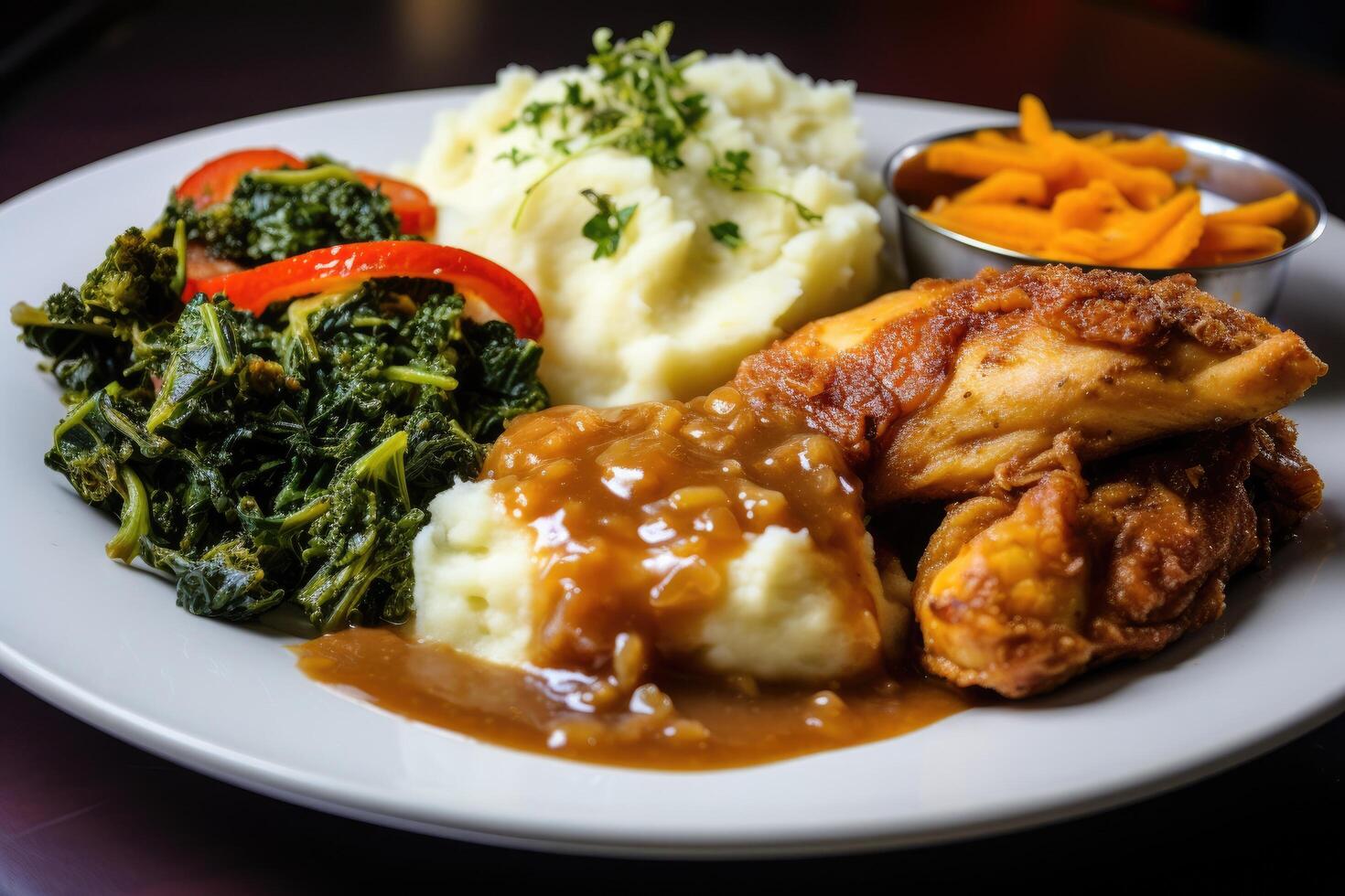 Hearty home cooked meal with fried chicken, mashed potatoes, and vegetables photo