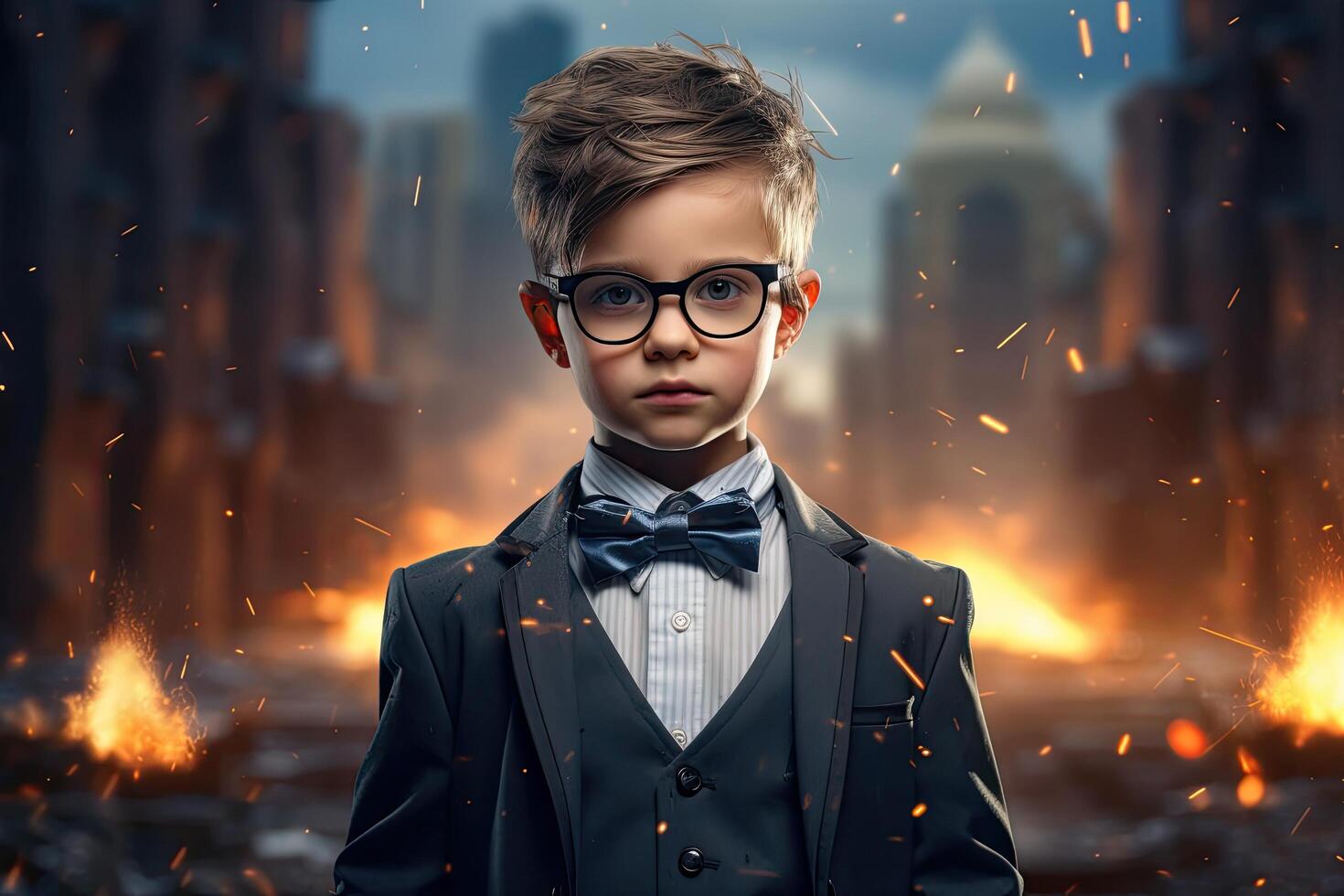 young boy in formal attire with glasses and bow tie photo