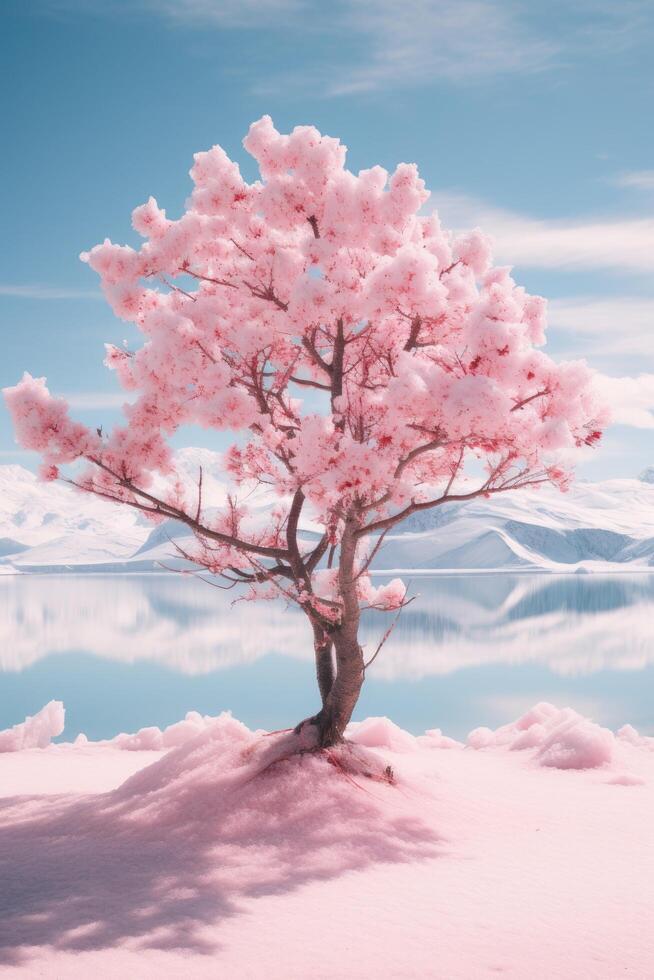 Stunning cherry blossom tree in winter wonderland photo