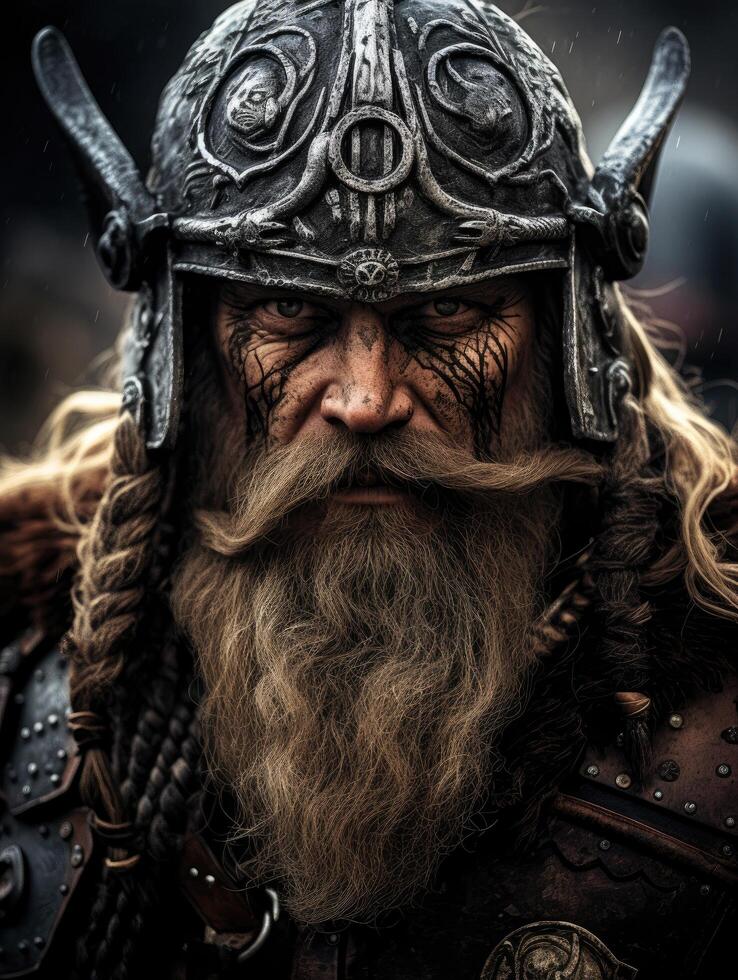 Fierce Viking warrior with ornate helmet and long beard photo