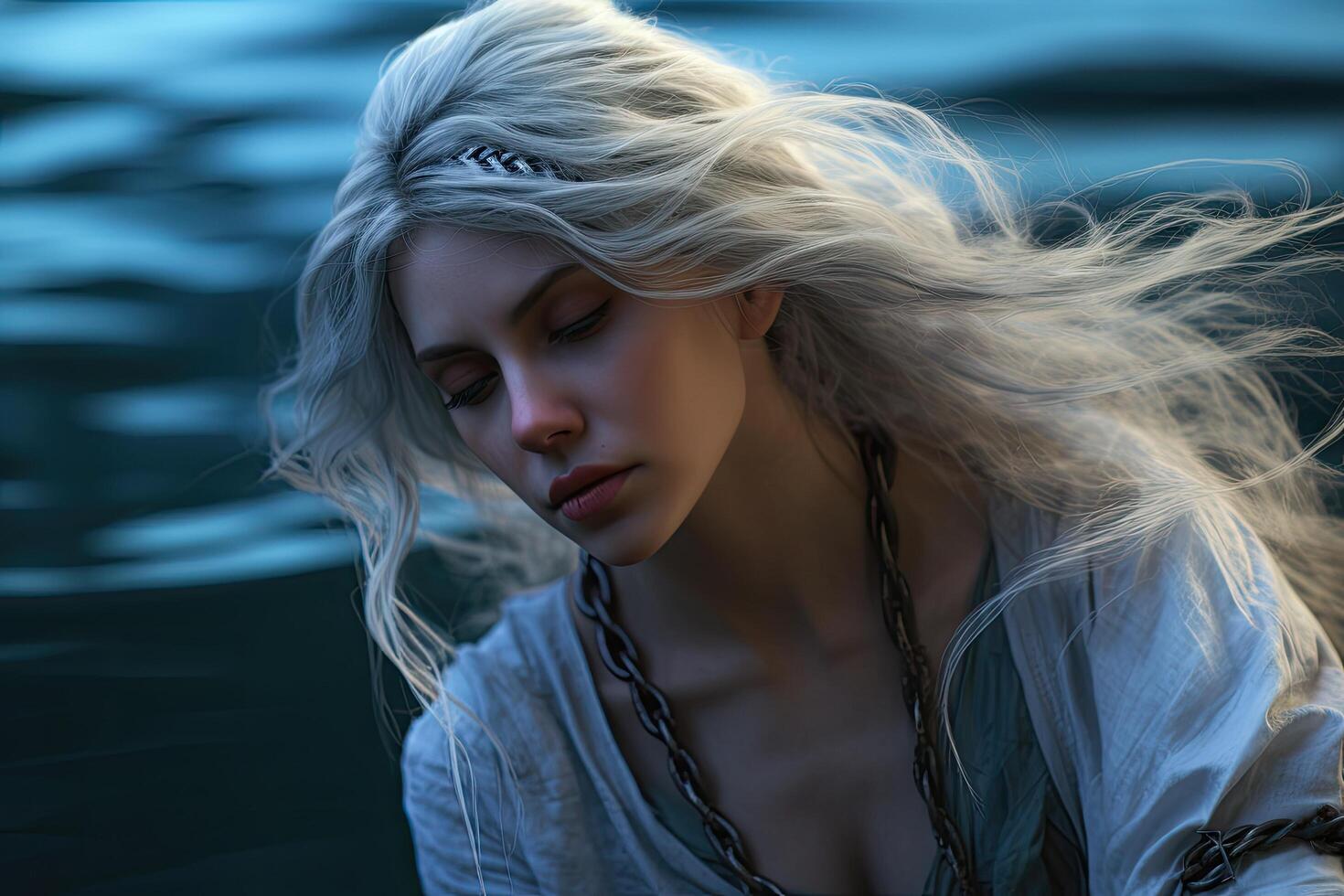 Windblown blonde hair woman with eyes closed photo