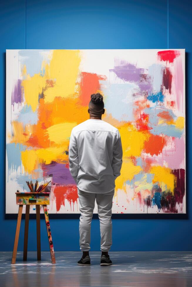 artist admiring abstract painting in gallery photo