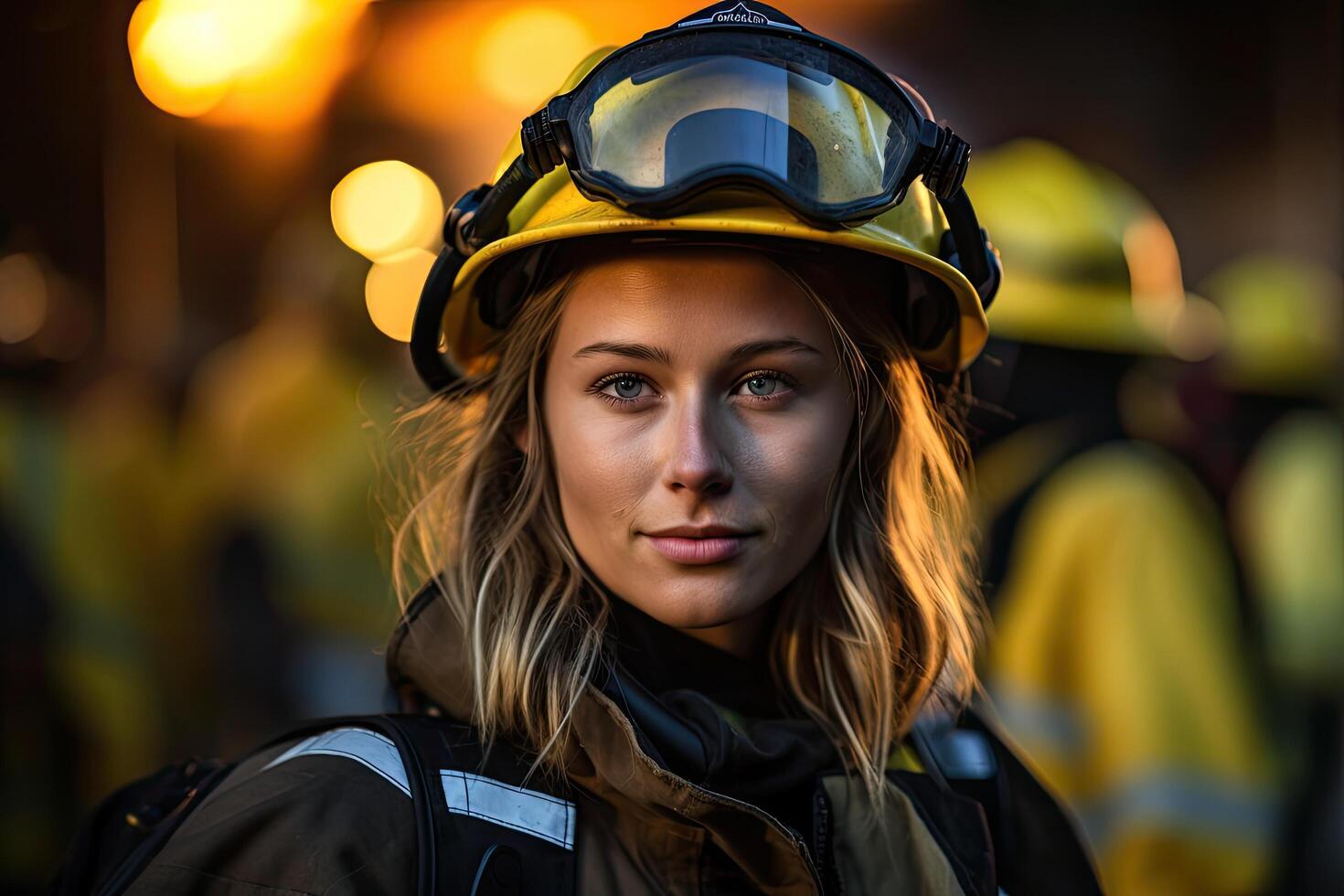 firefighter in protective gear looking determined photo