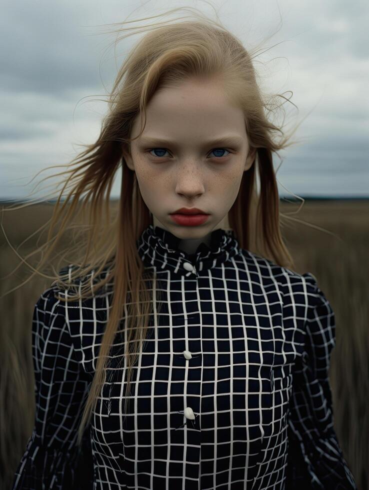 Pensive young woman with windblown hair photo