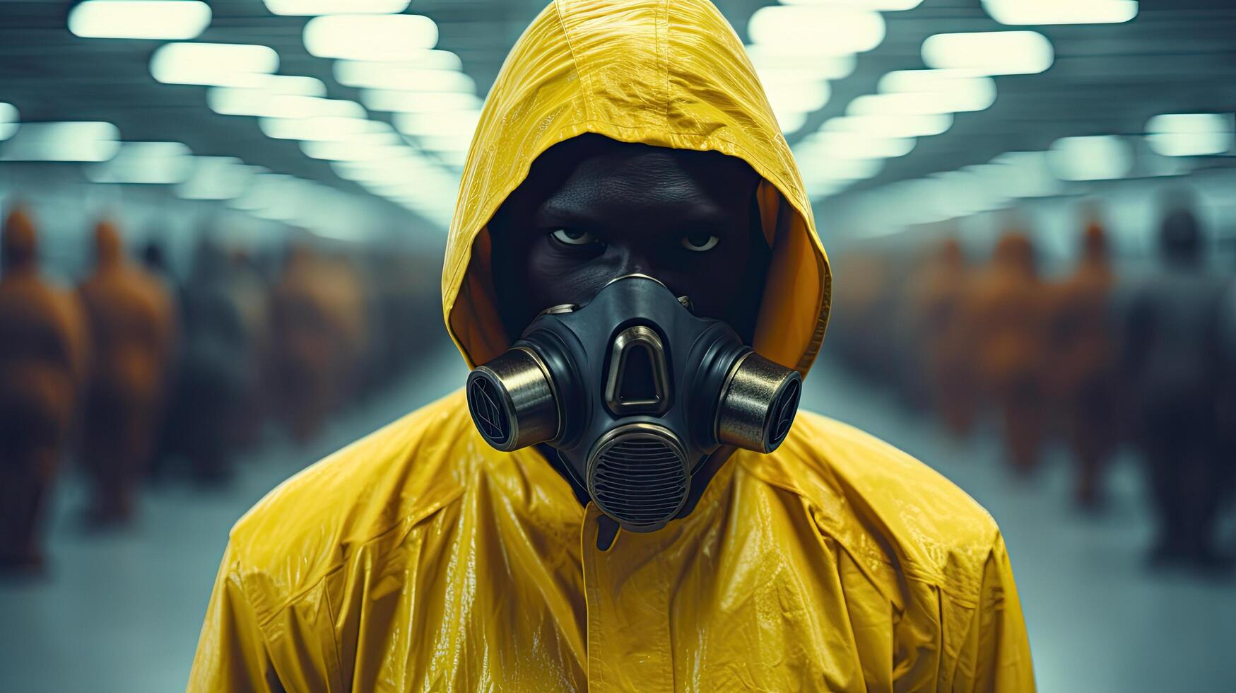 person in yellow hazmat suit walking in blurred hallway photo