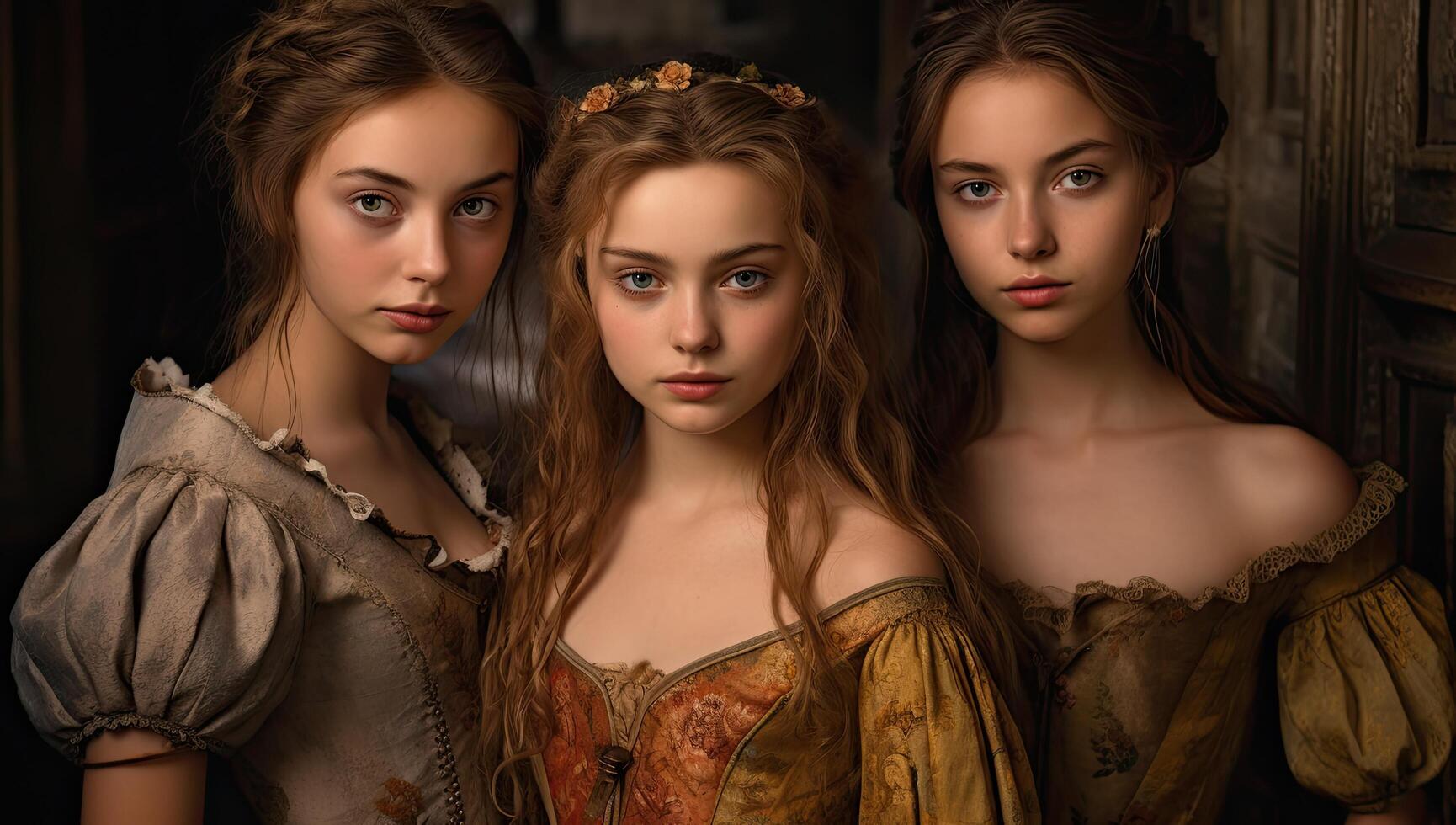 Three elegant women in renaissance era dresses photo