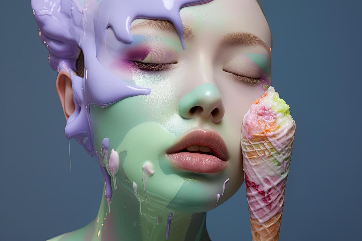 surreal portrait of a woman with colorful makeup and ice cream photo