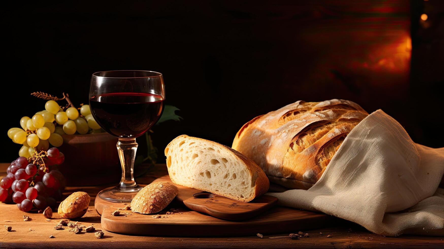Rustic bread and wine still life photo