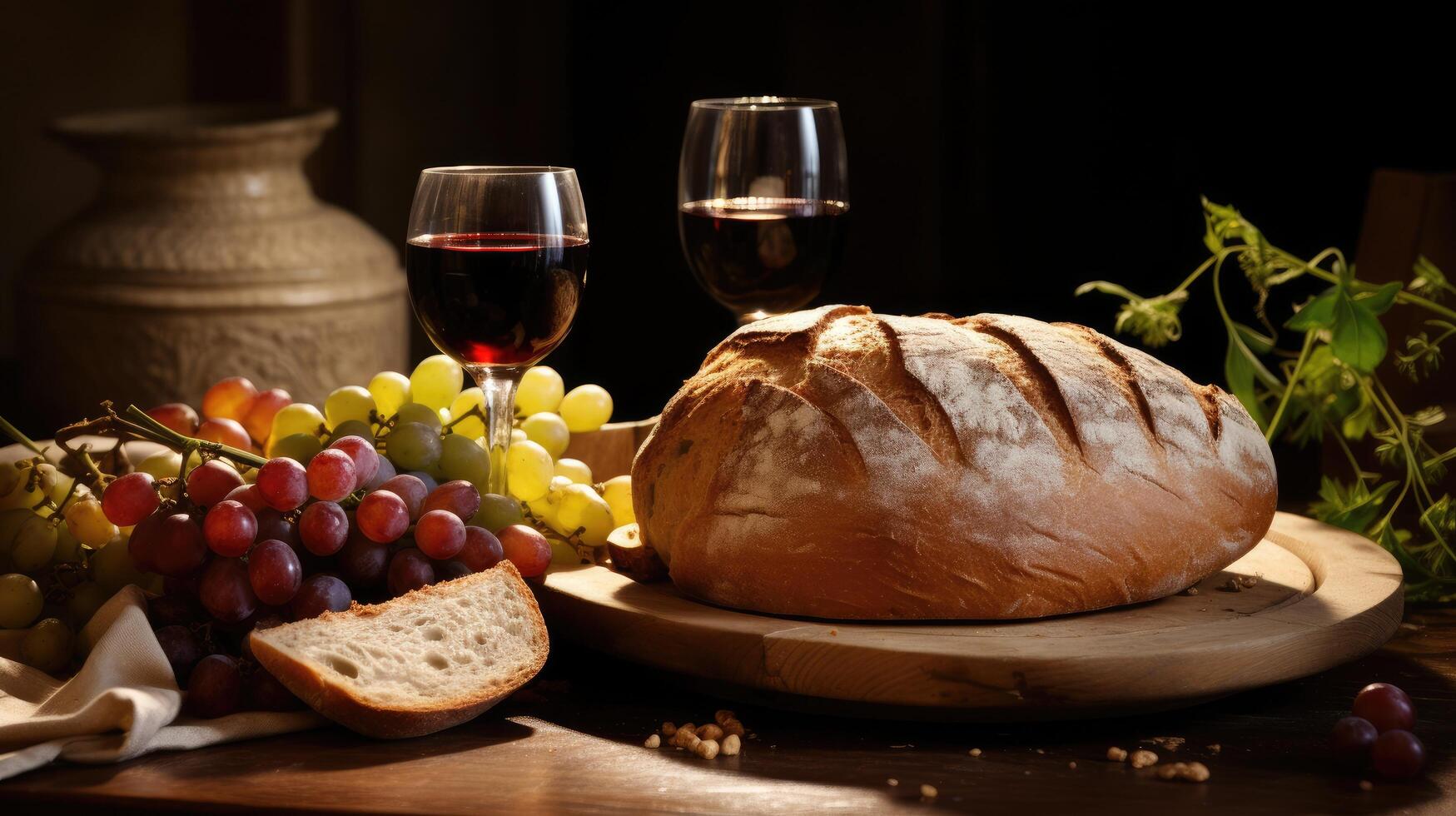 Rustic bread, wine, and grapes on wooden table photo