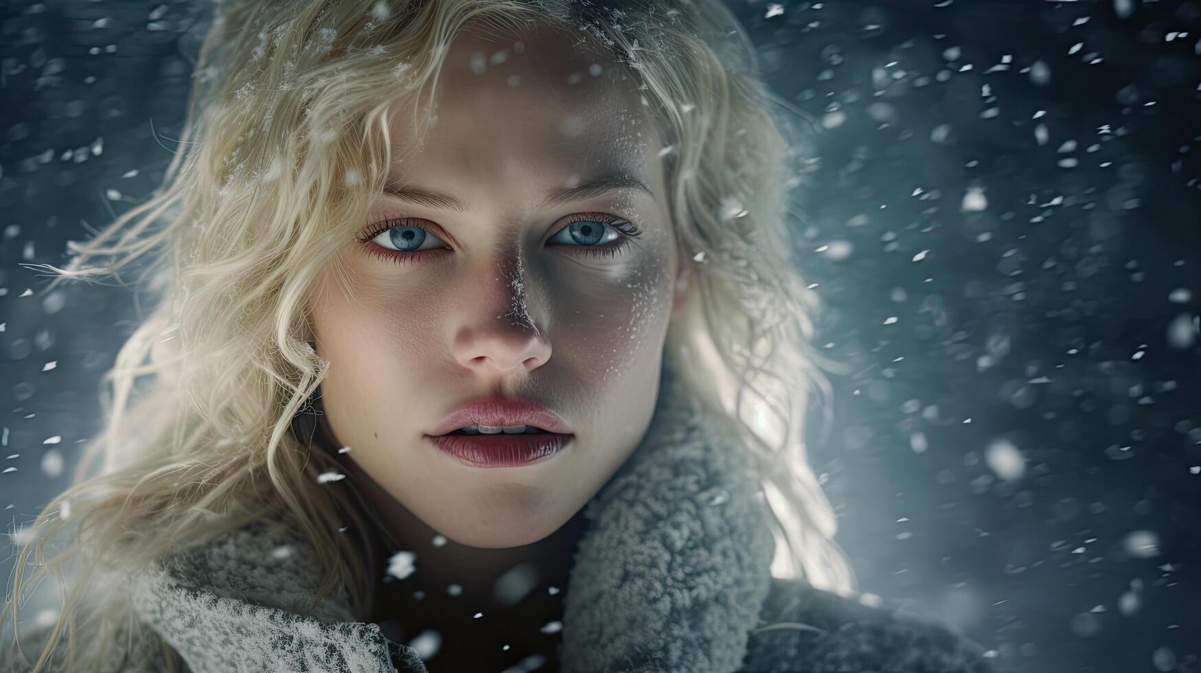 Captivating winter portrait of a woman with striking blue eyes photo