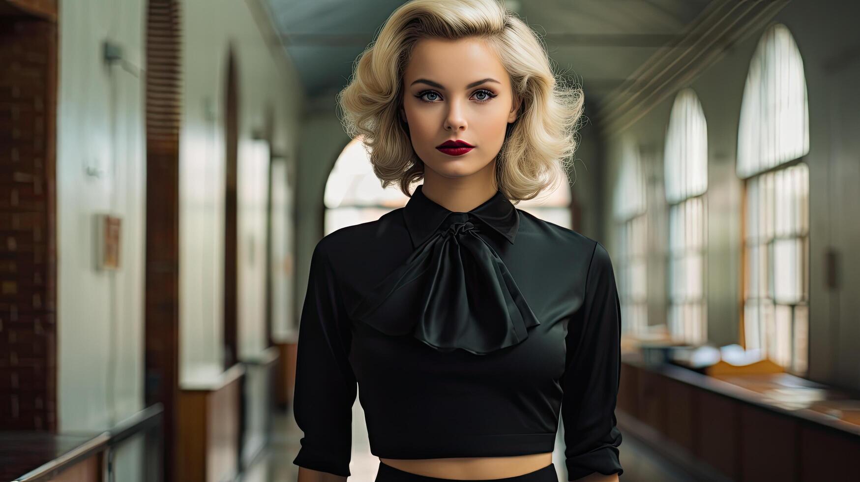 elegant woman in black blouse posing in hallway photo