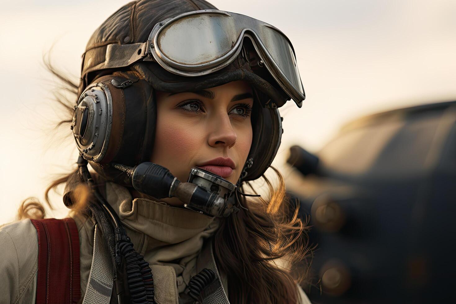 Determined female pilot in vintage aviation gear photo