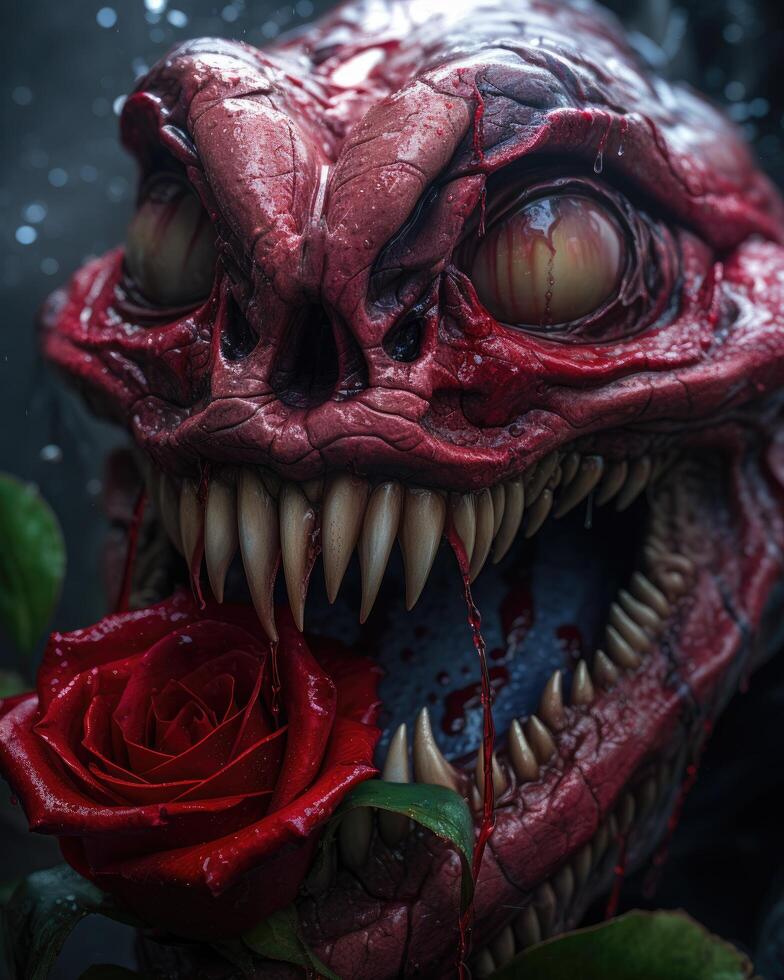 Monstrous creature with sharp teeth and a red rose photo