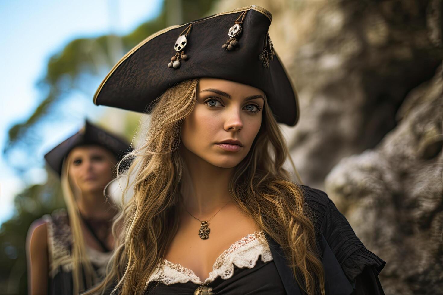 Pirate woman with curly hair and skull accessories photo