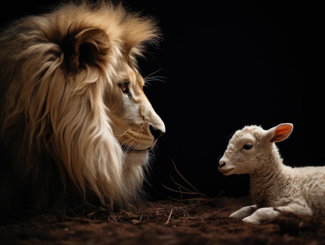Majestic lion and innocent lamb photo