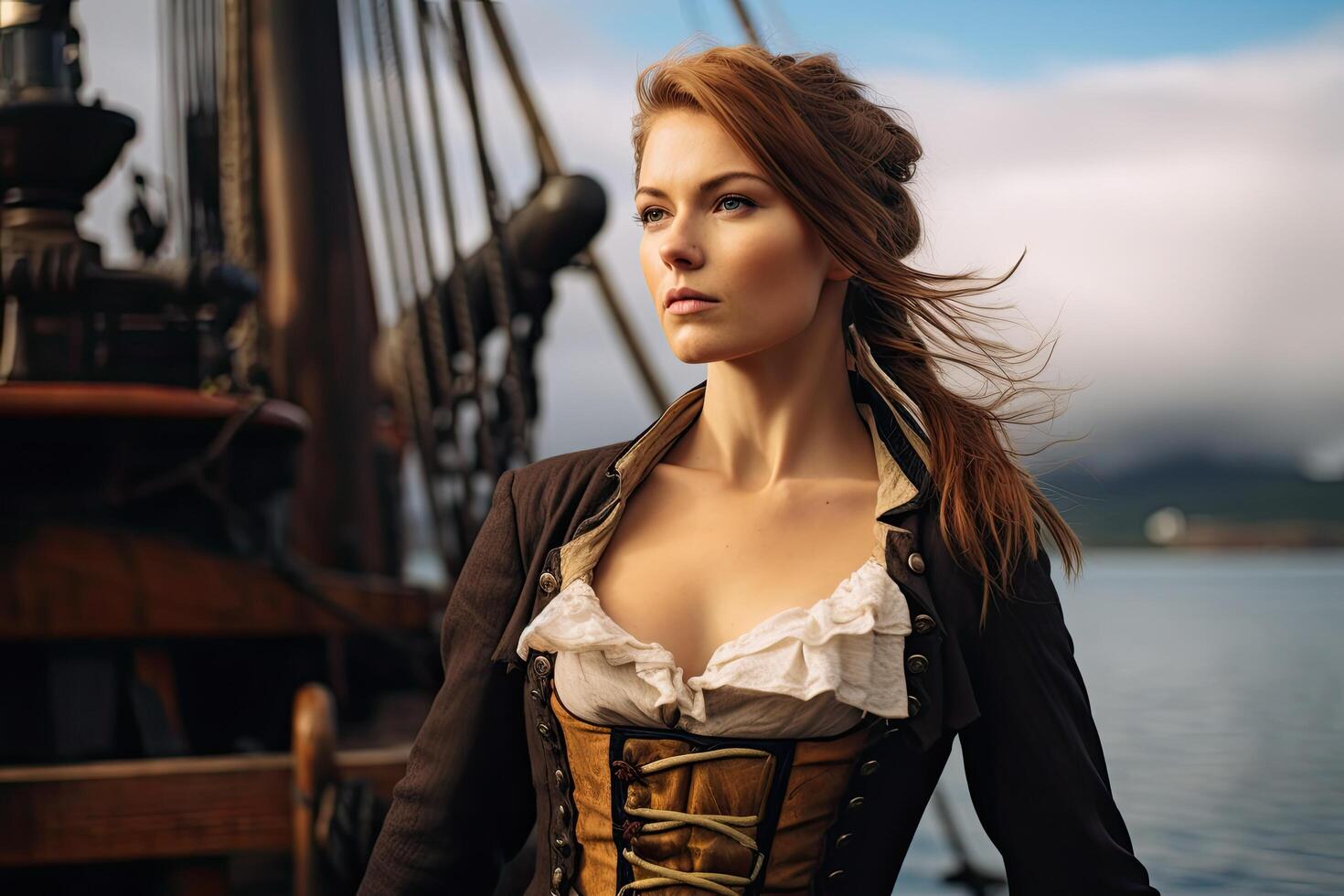 Adventurous woman on a sailing ship photo