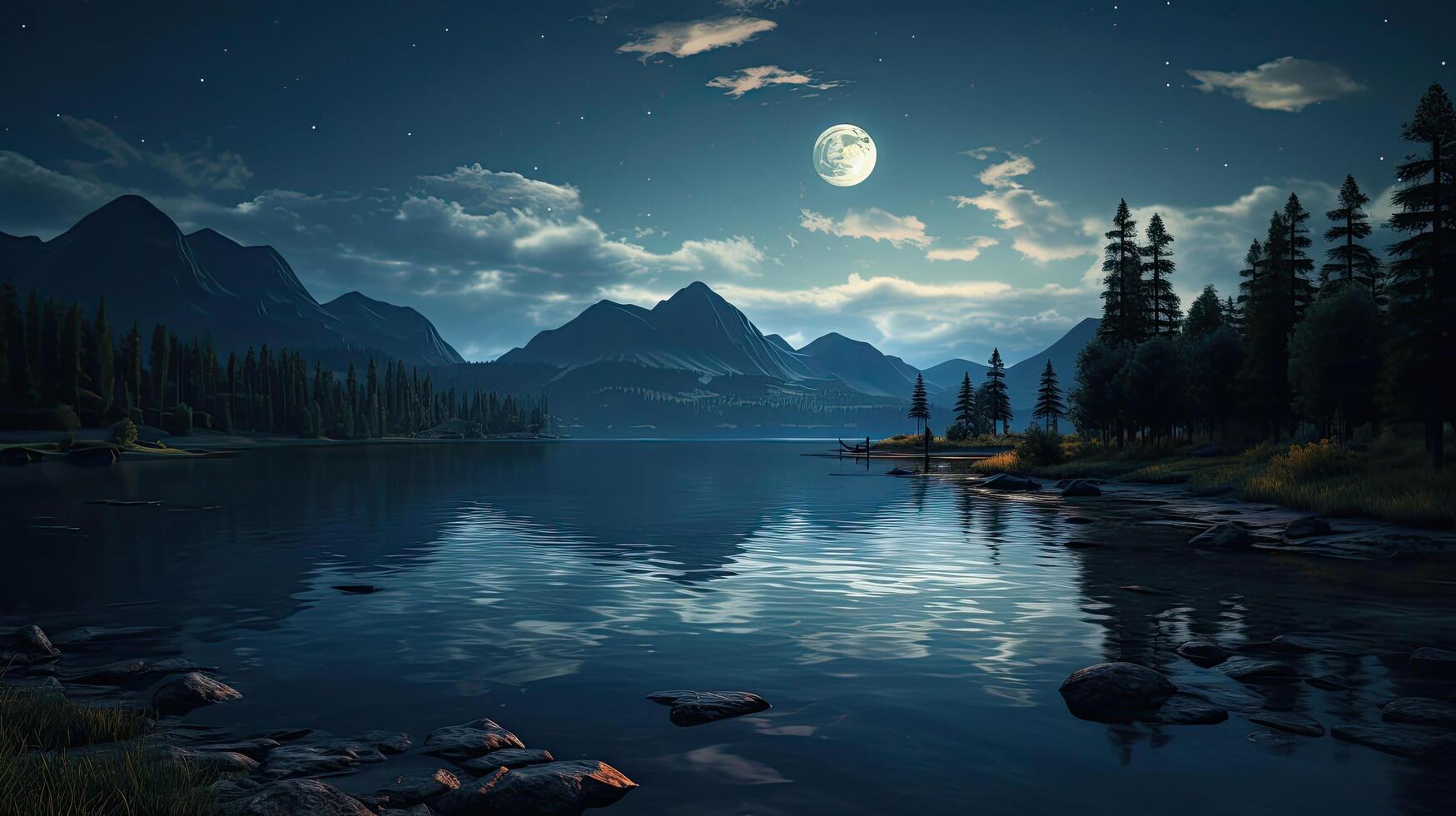 Serene mountain lake landscape under moonlight photo