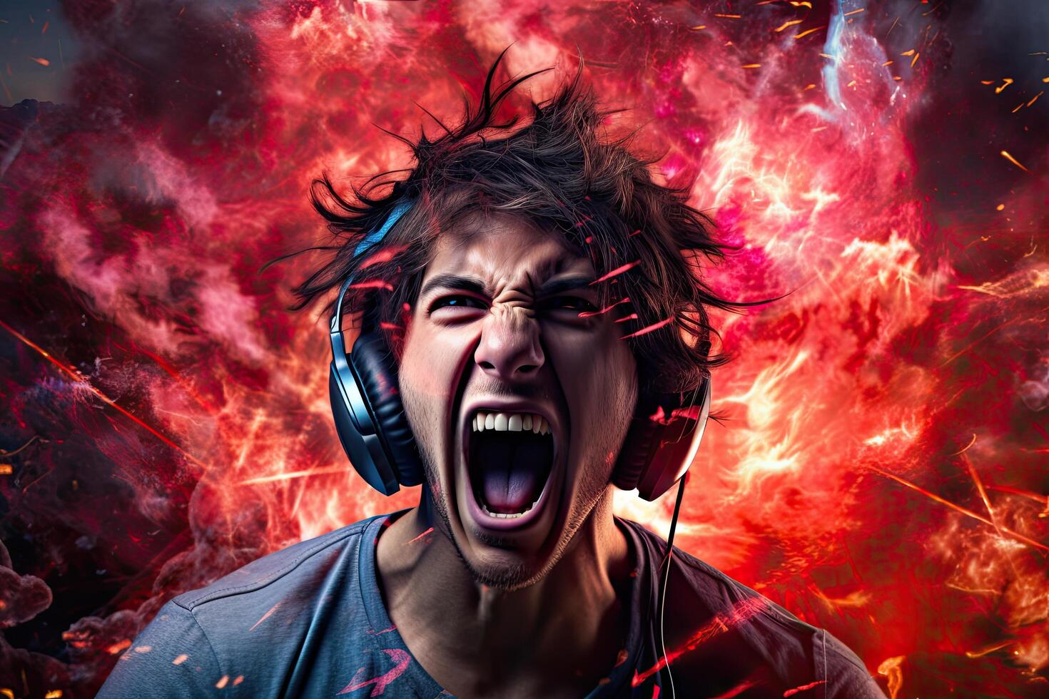 intense gamer screaming with headphones photo