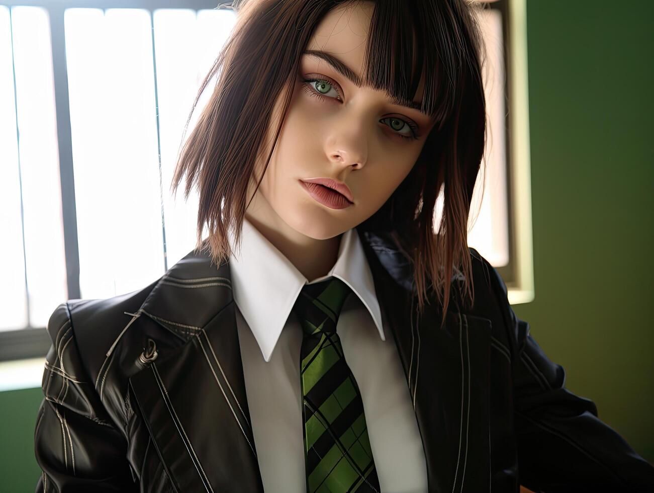 serious young woman in school uniform photo