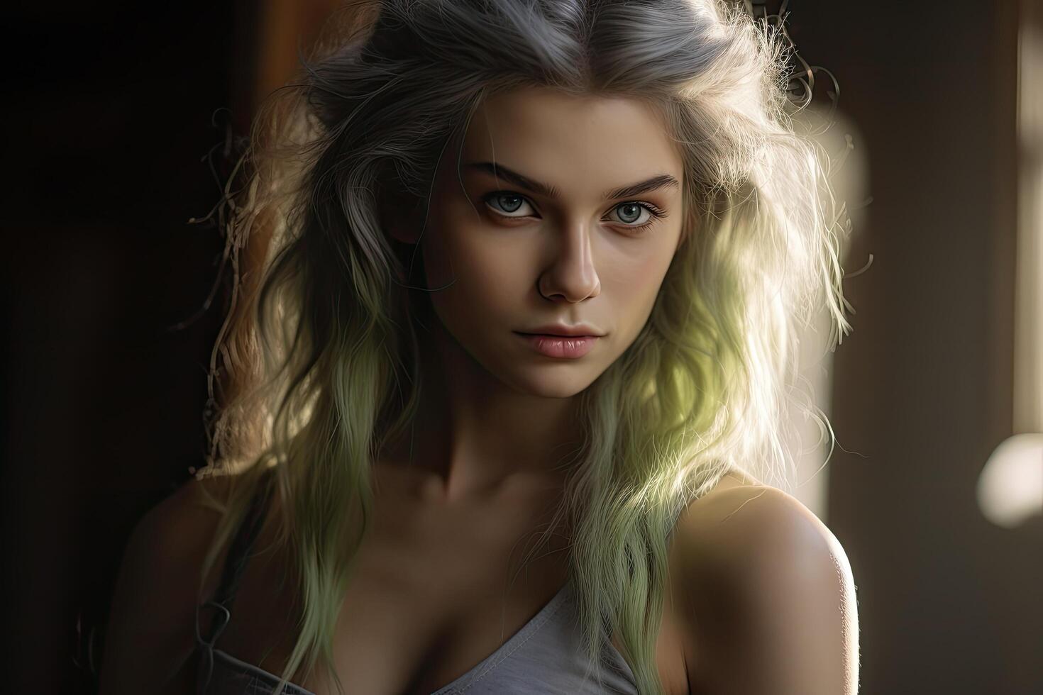 Intense gaze of a young woman with striking features photo